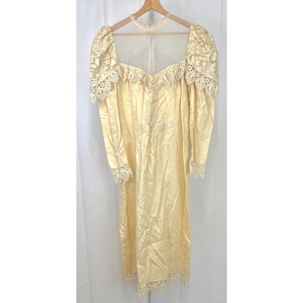 VTG LORRIE KABALA 80s Cotton Damask Lace Dress Wedding Victorian Ivory Size L